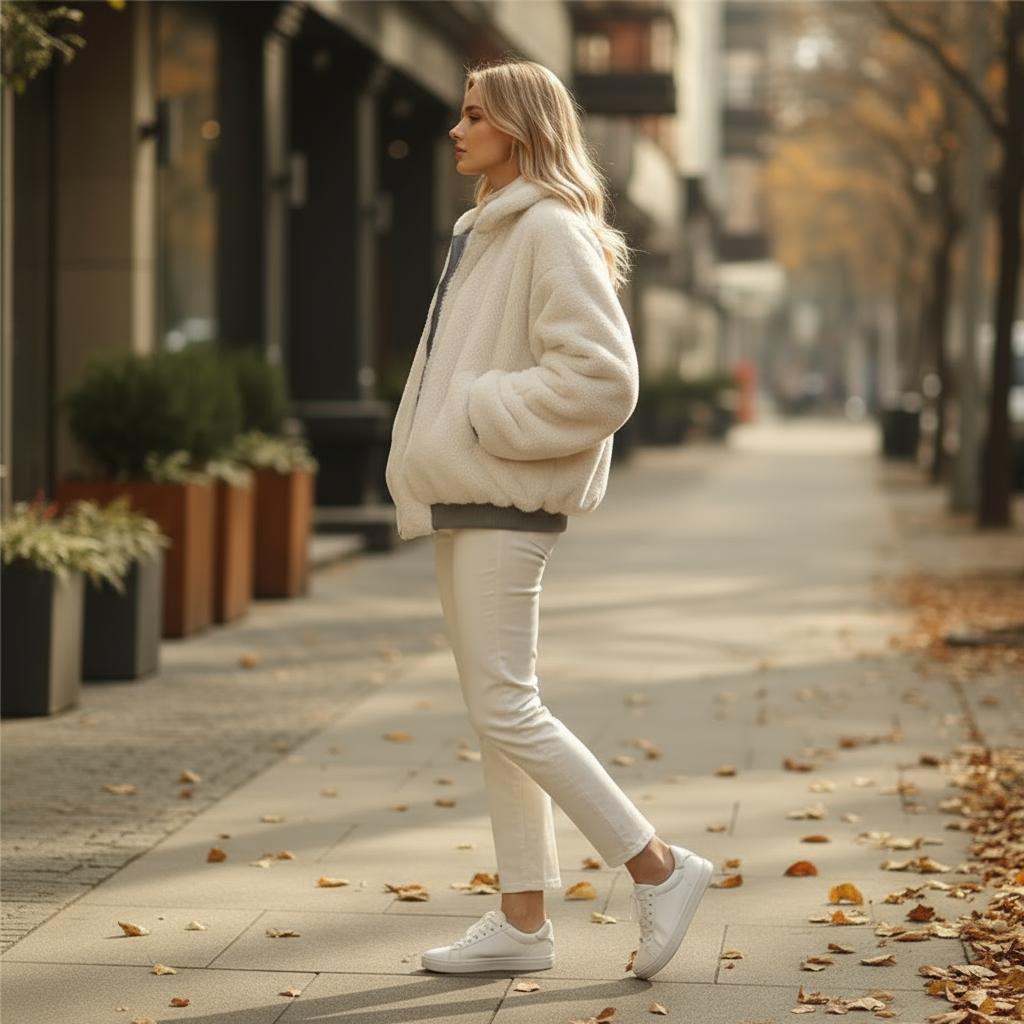 Woman in a white outfit walking on a city street with autumn leaves.