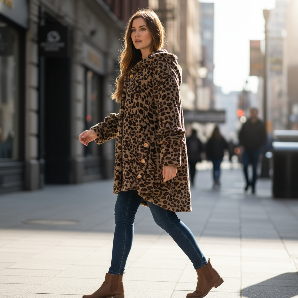 Woman wearing a leopard print coat walking on a city street.