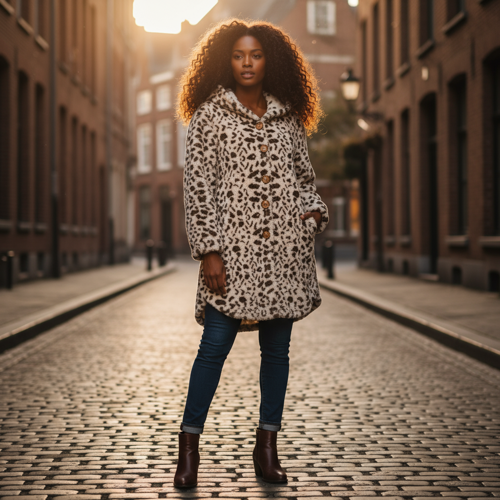 Woman wearing a leopard print coat on a cobblestone street