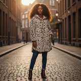 Woman wearing a leopard print coat on a cobblestone street