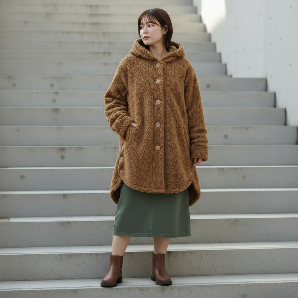 Woman wearing a brown hooded fleece coat standing on outdoor steps.