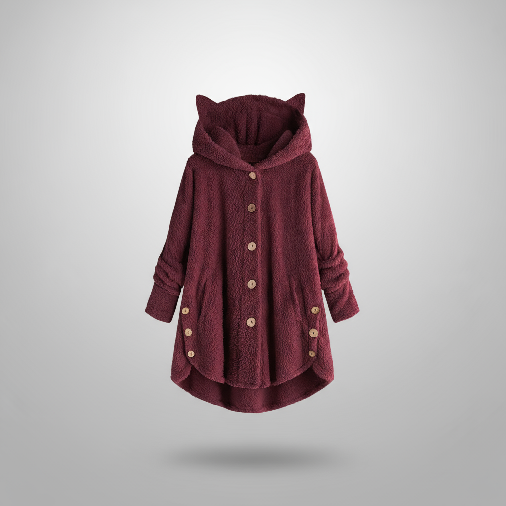 Hooded fleece coat with buttons and cat ear details on a hanger.
