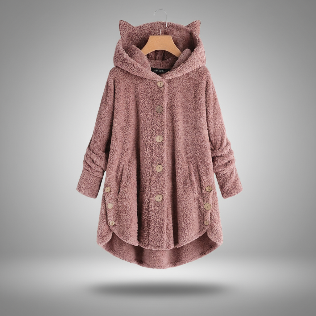 Hooded fleece coat with buttons and cat ear details on a hanger.
