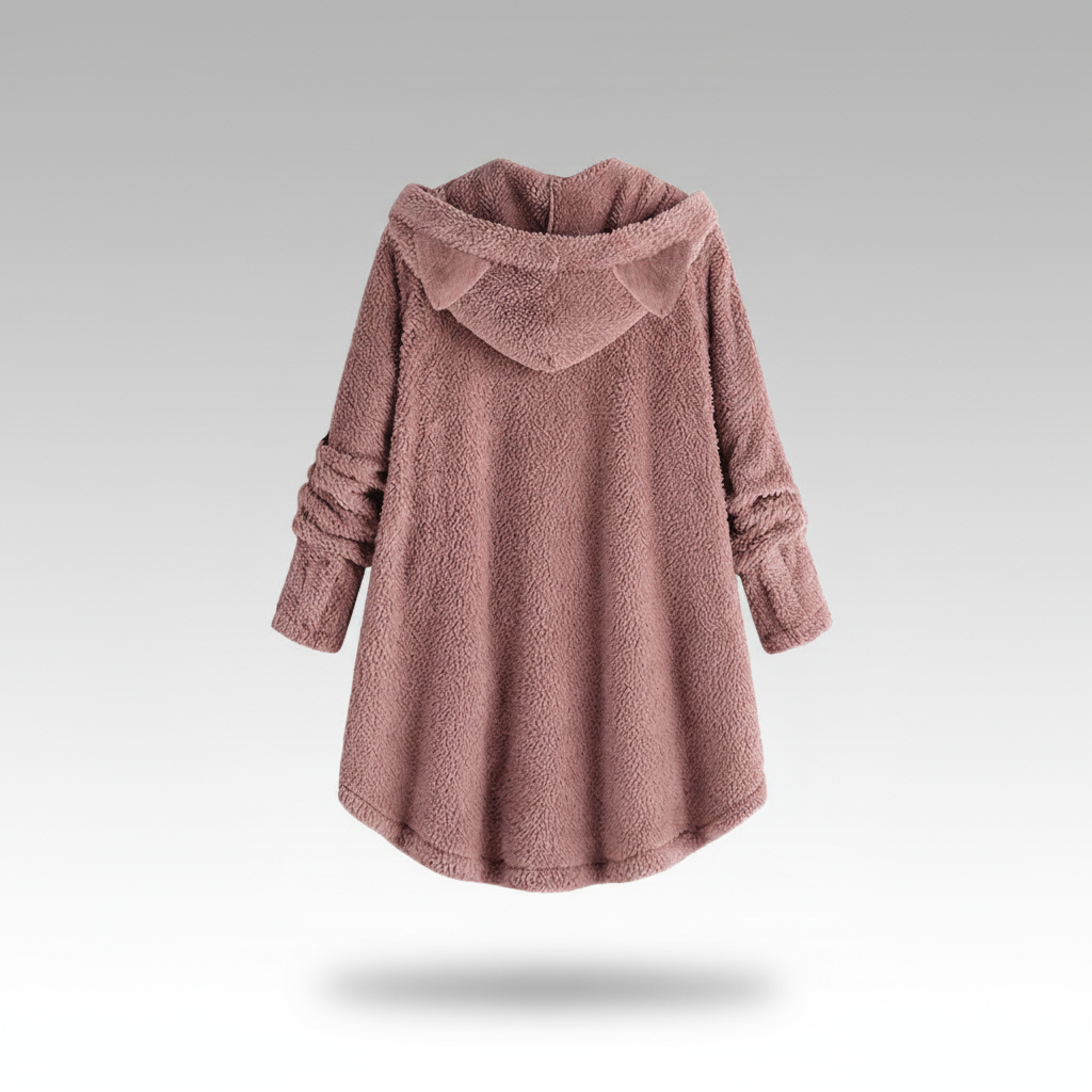 Hooded fleece coat with buttons and cat ear details on a hanger.