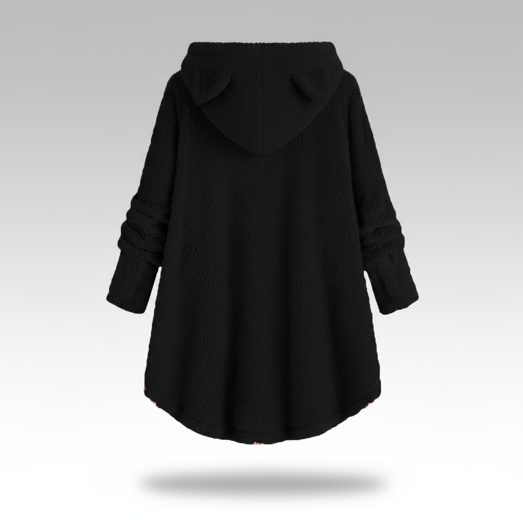 Hooded fleece coat with buttons and cat ear details on a hanger.