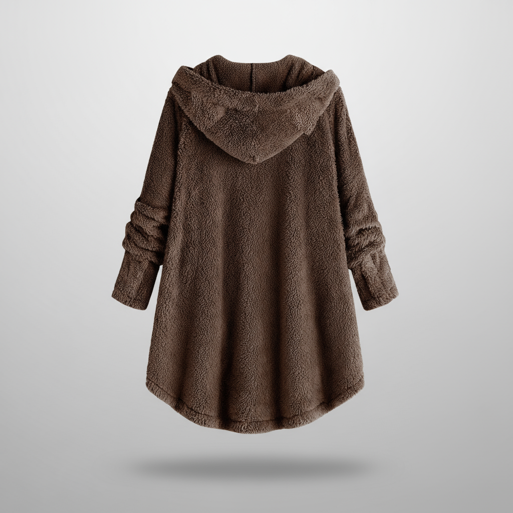 Hooded fleece coat with buttons and cat ear details on a hanger.