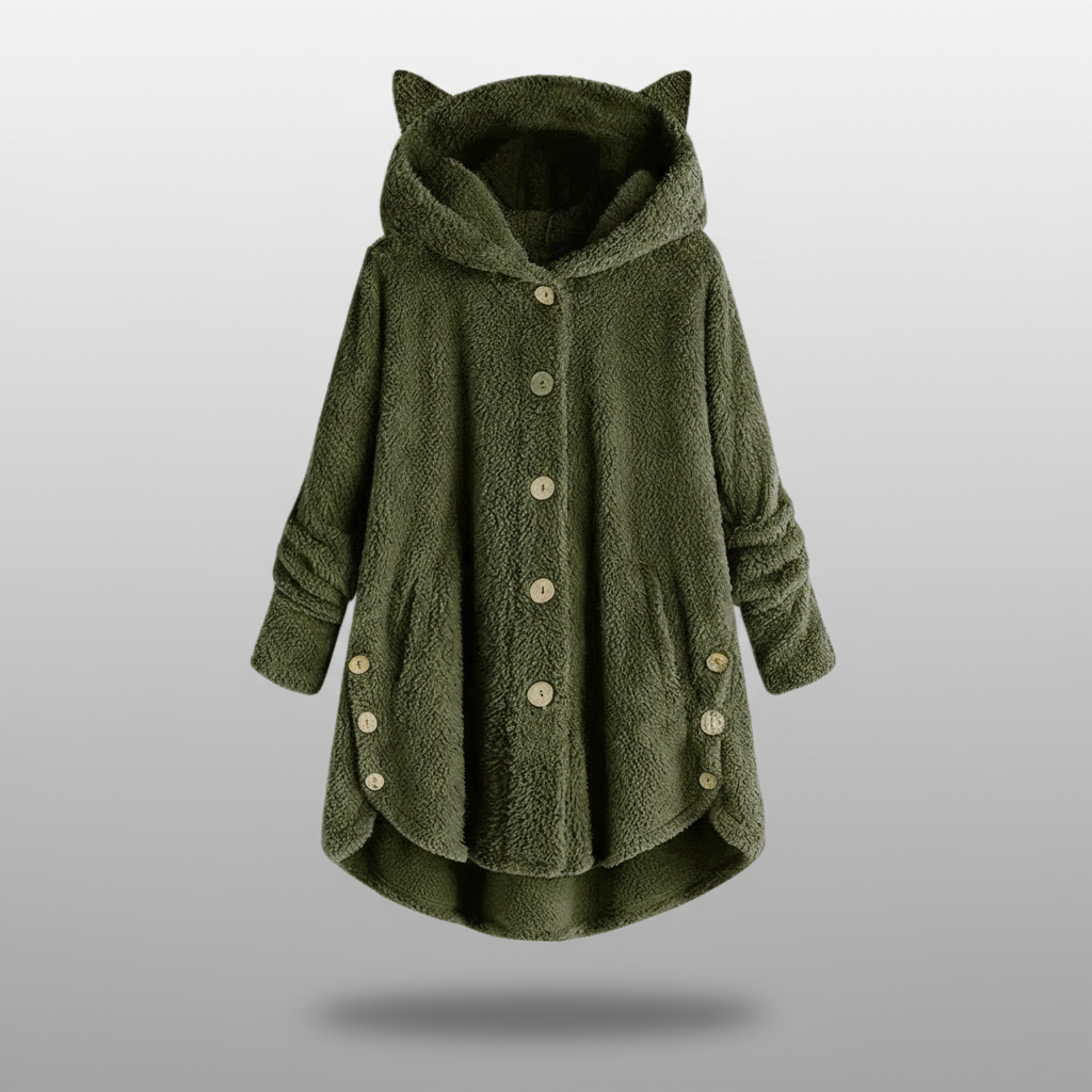 Hooded fleece coat with buttons and cat ear details on a hanger.