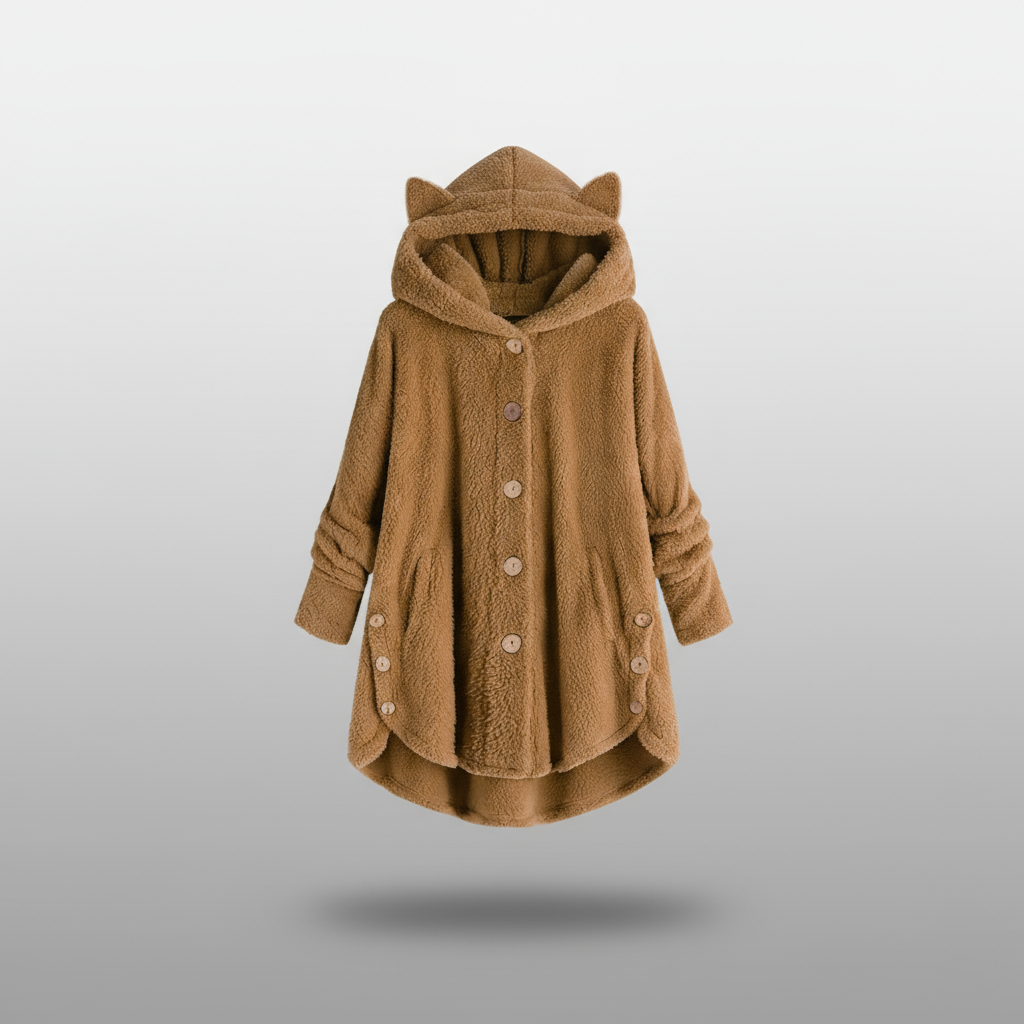 Hooded fleece coat with buttons and cat ear details on a hanger.
