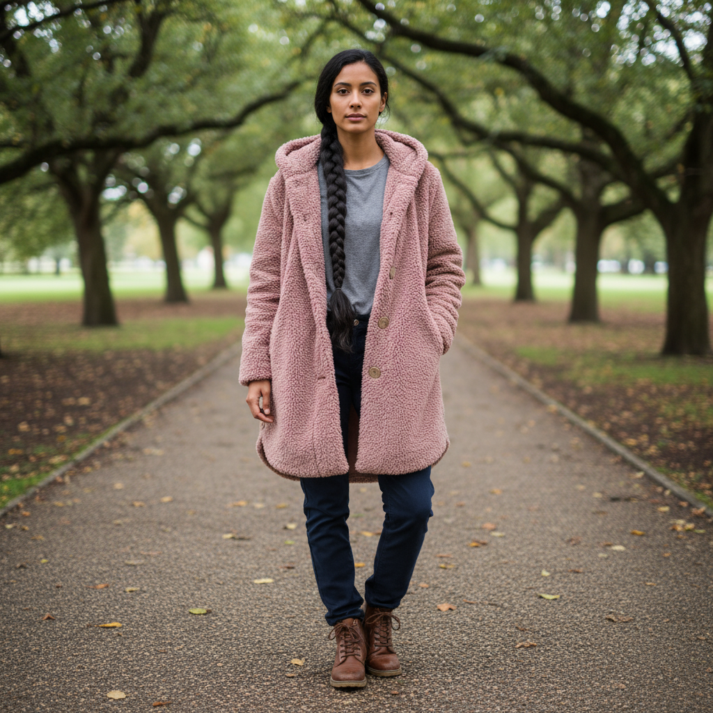 Woman wearing a pink coat in a park setting