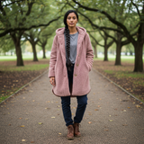 Woman wearing a pink coat in a park setting