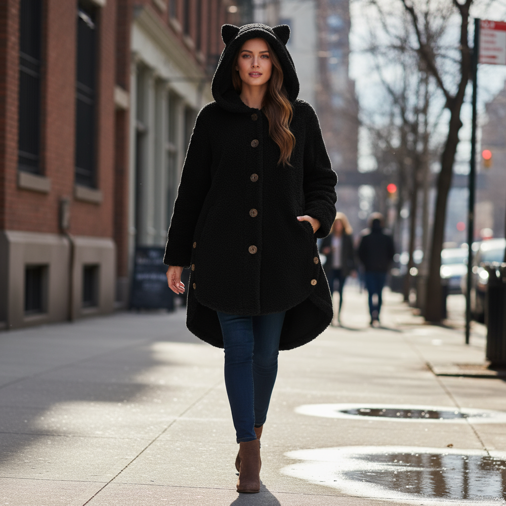 Woman wearing a black coat with cat ears hood walking on a city sidewalk.