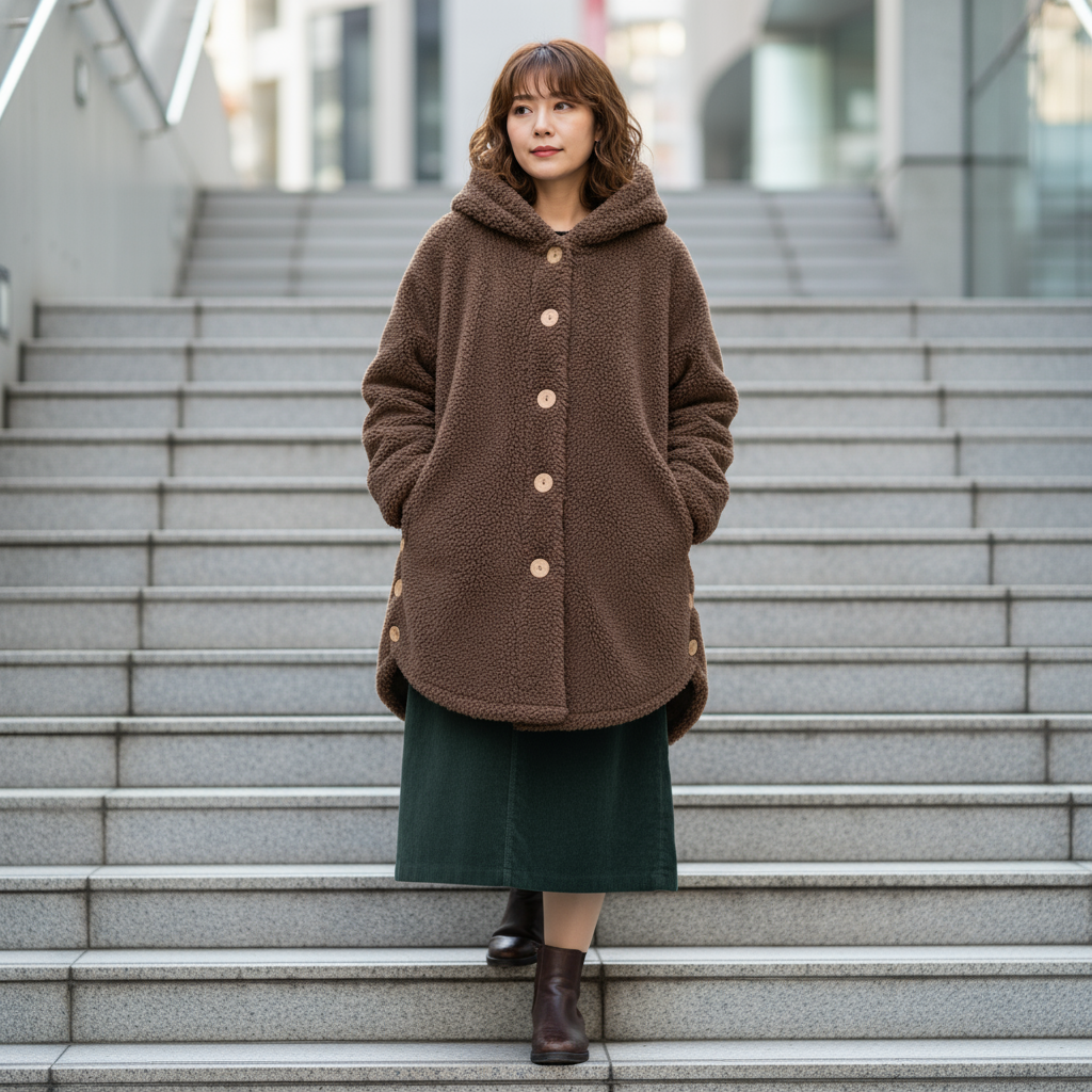 Woman wearing a brown coat standing on steps outdoors