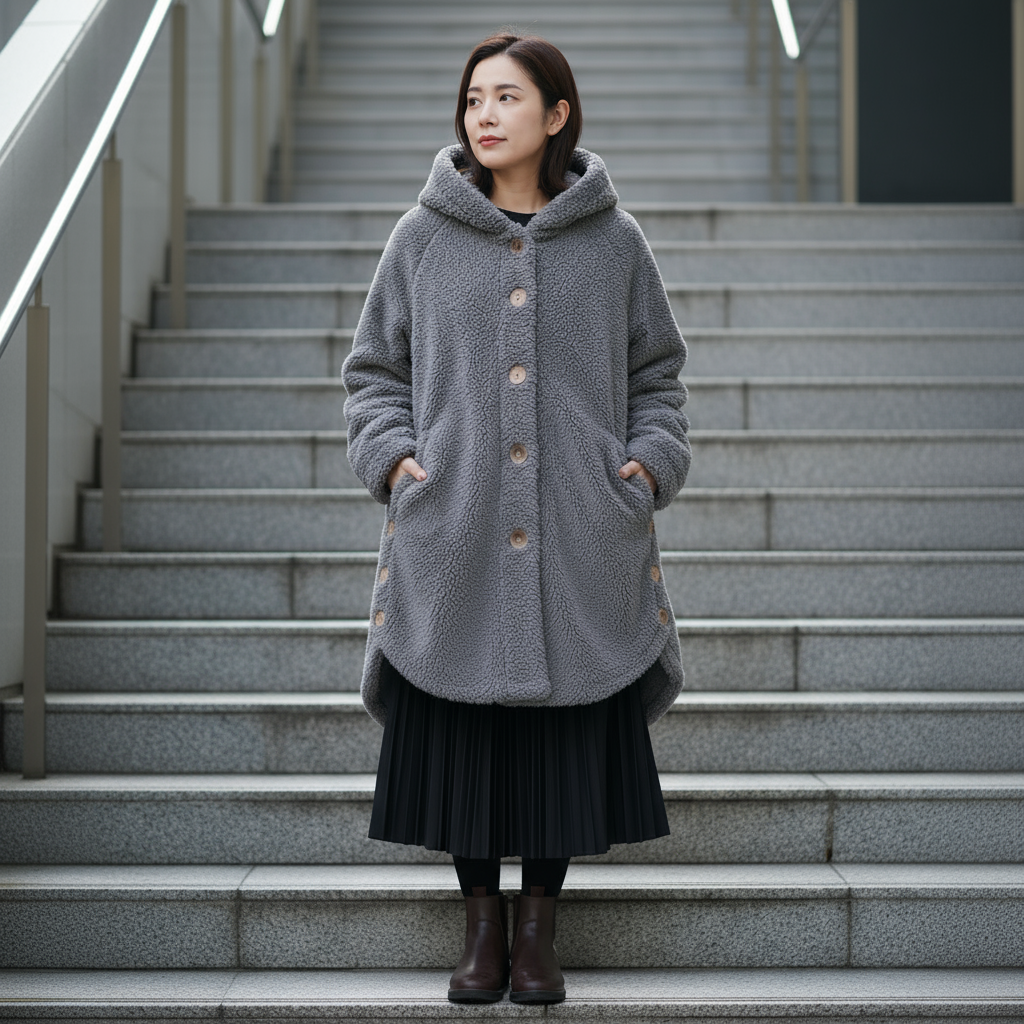 Hooded fleece coat with buttons and cat ear details on a hanger.