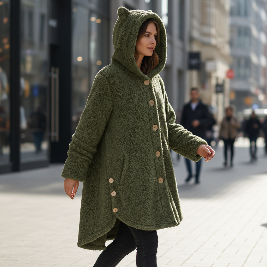 Woman wearing a green hooded coat on a city street
