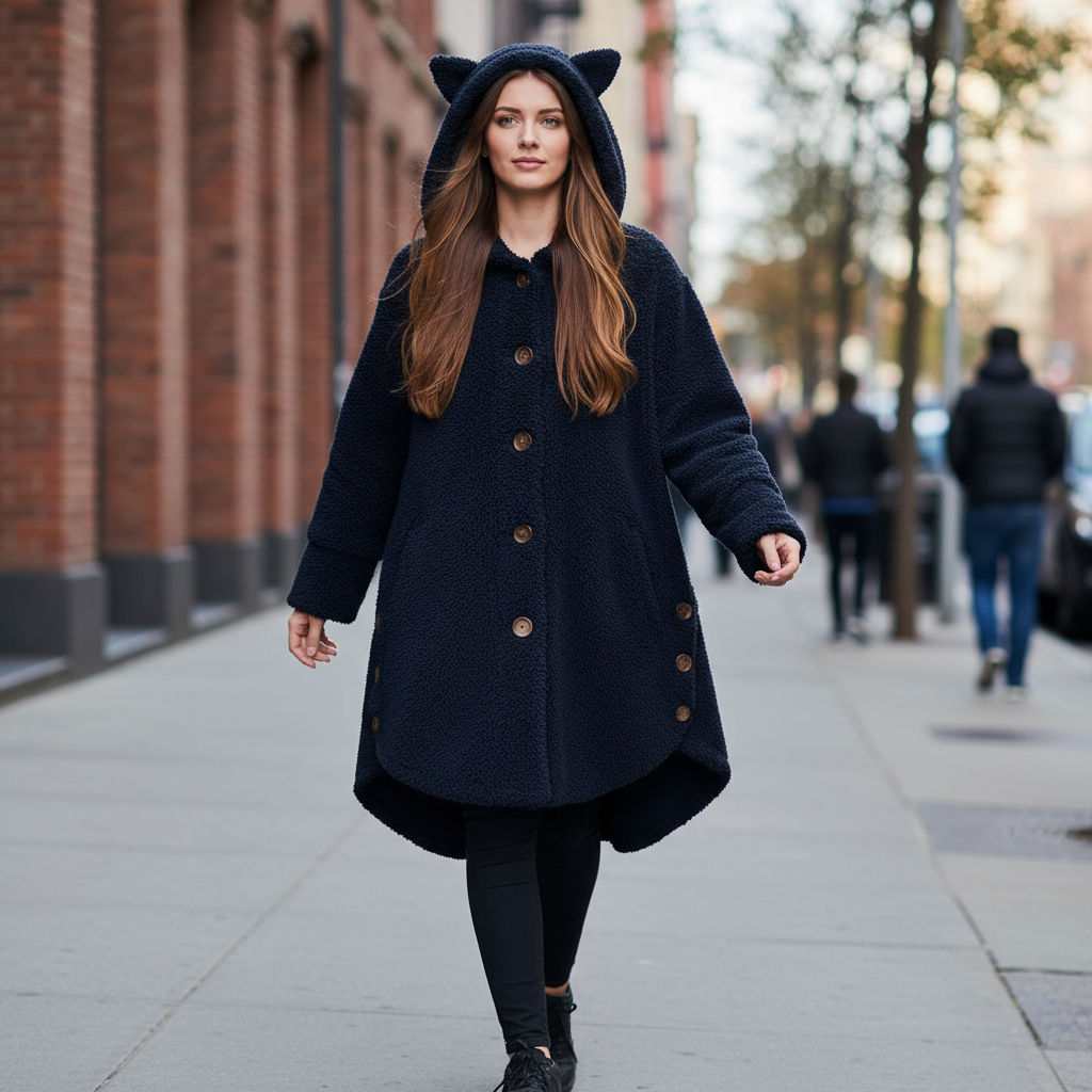 Woman wearing a black coat with cat ears on a city street