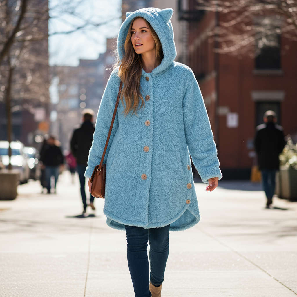 Woman wearing a blue coat with a hood on a city street.