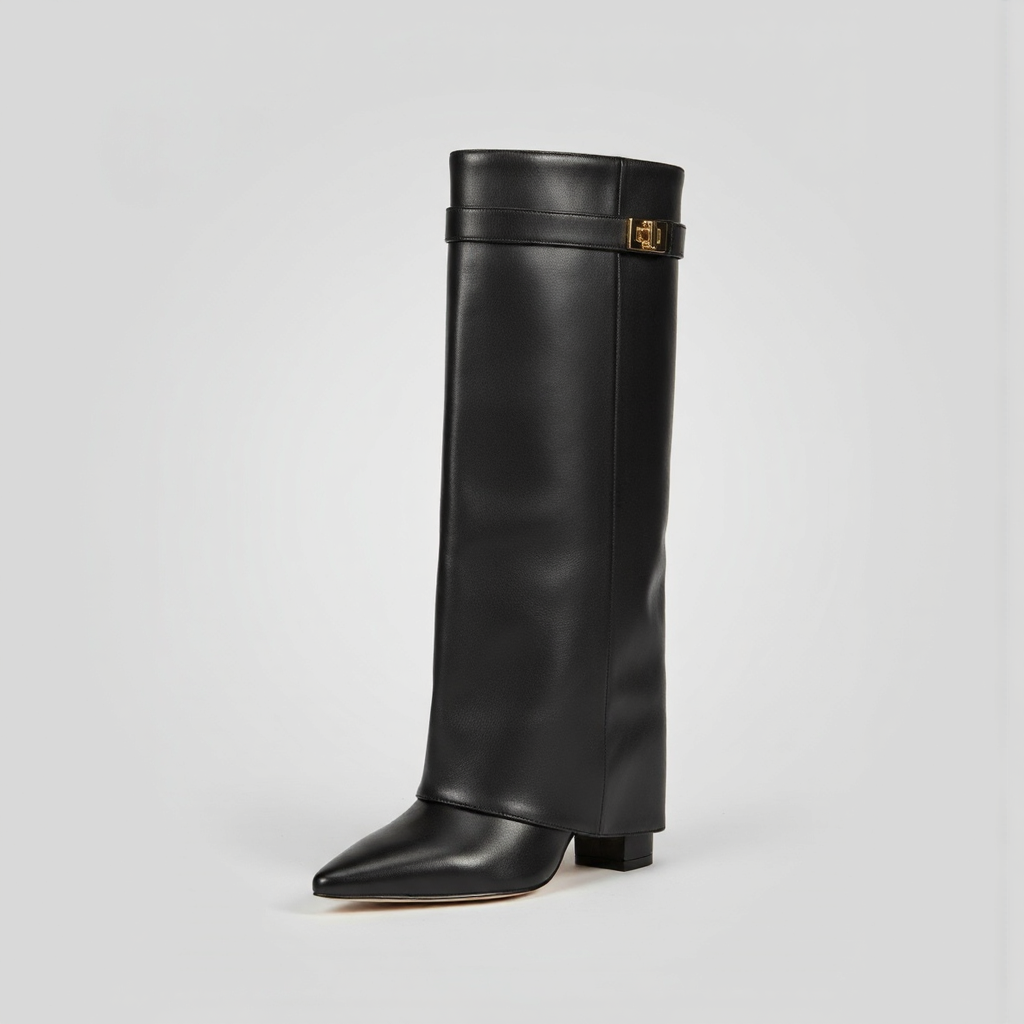 Black knee-high boot with a gold buckle on a light gray background