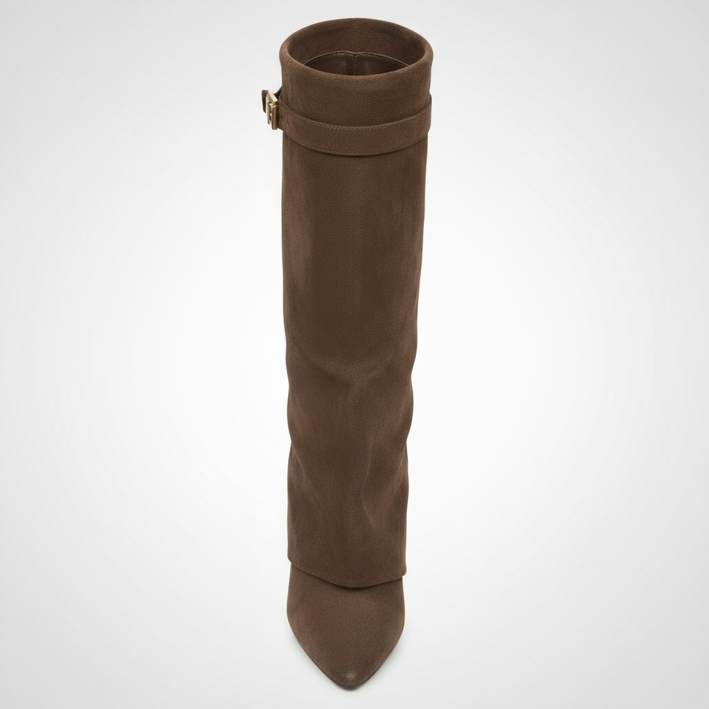 Brown knee-high boot on a white background