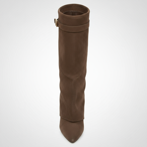 Brown knee-high boot on a white background