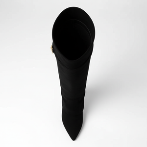 Black knee-high boot on a white background