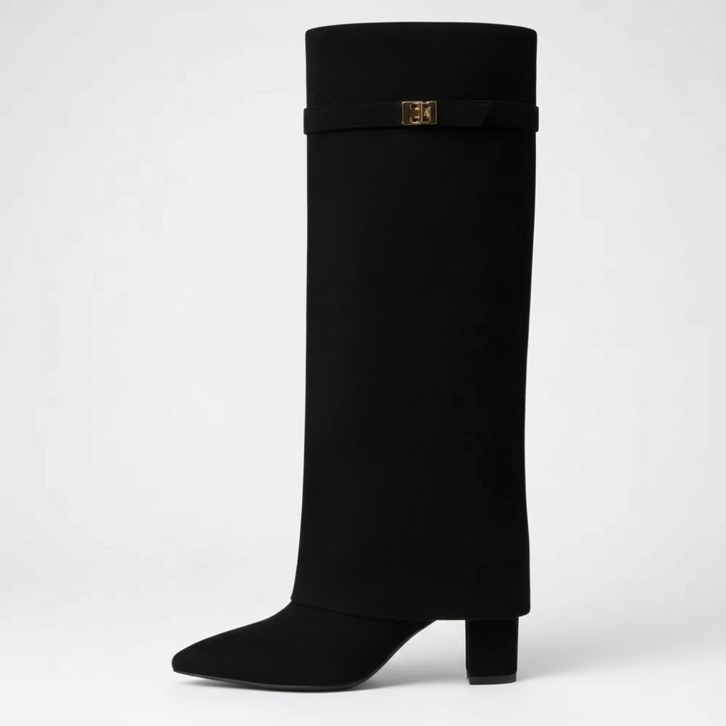 Black knee-high boot with a gold buckle on a white background