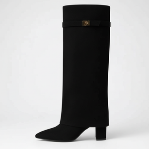 Black knee-high boot with a gold buckle on a white background
