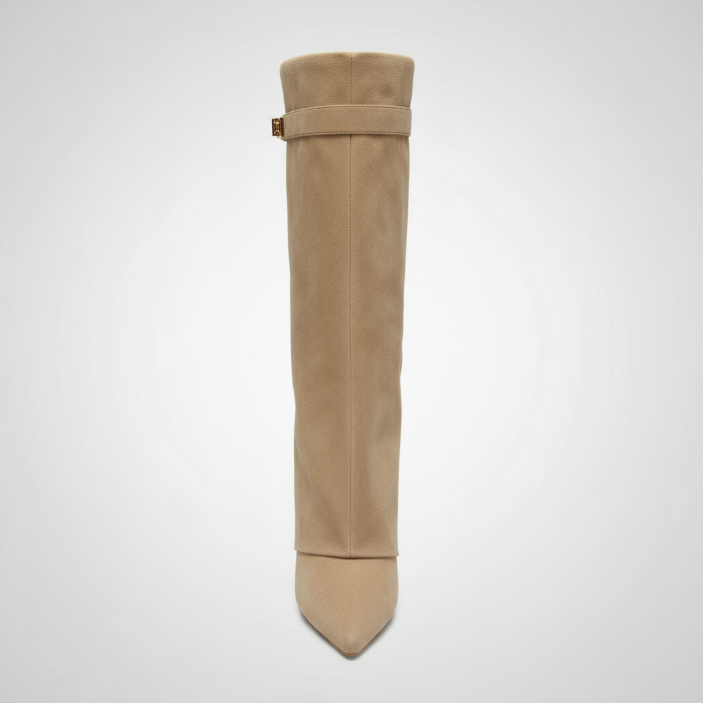 Beige knee-high boot on a light gray background