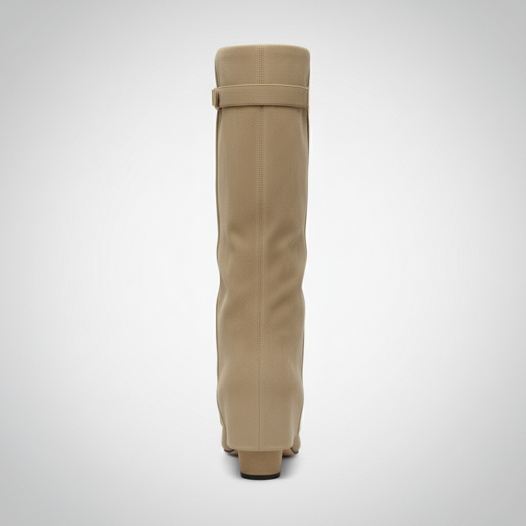 Tan knee-high boot on a white background