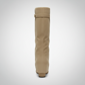 Tan knee-high boot on a white background