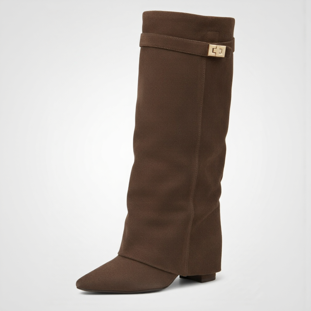 Brown knee-high boot with a strap and buckle on a white background