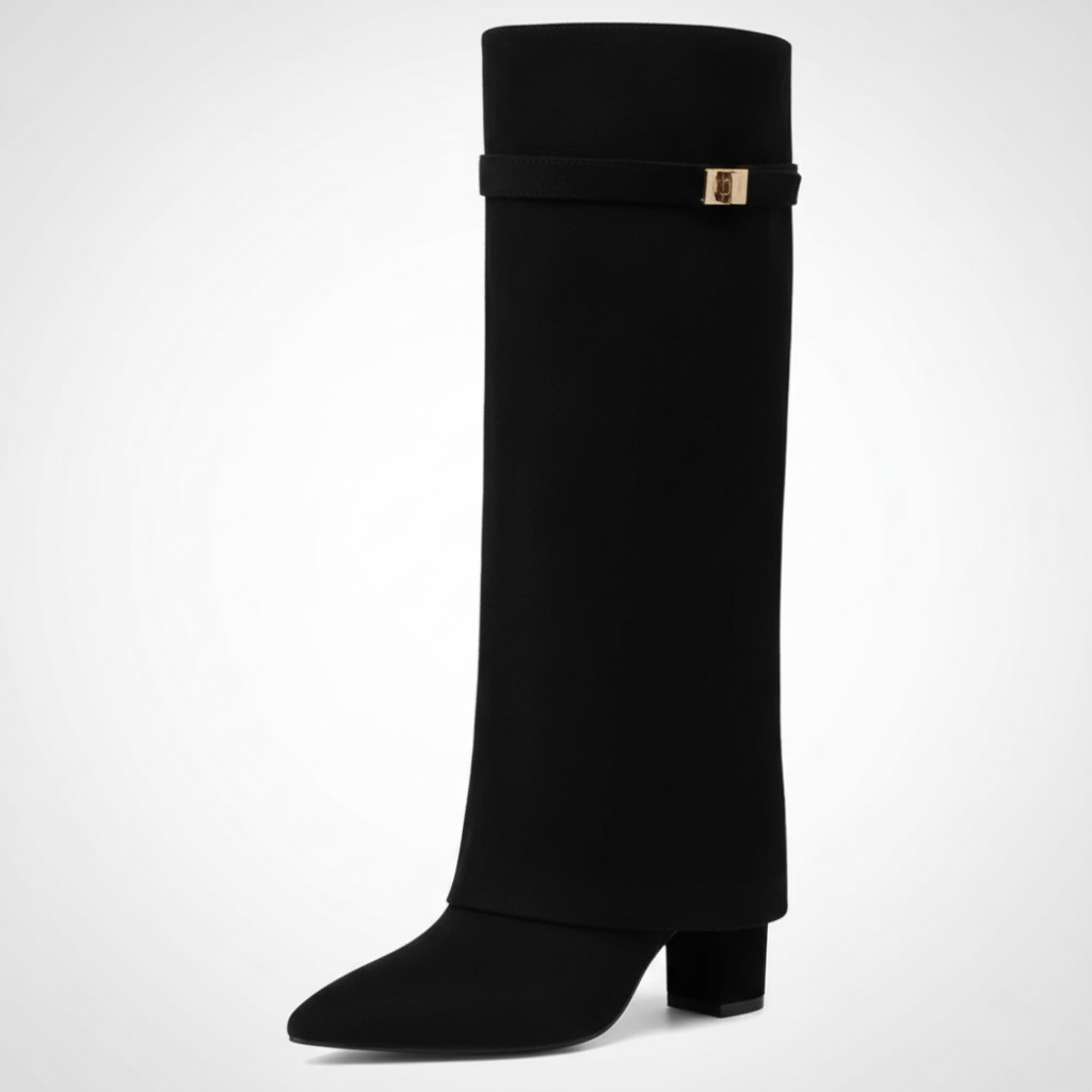 Black knee-high boot with a strap on a white background