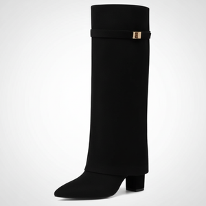 Black knee-high boot with a strap on a white background