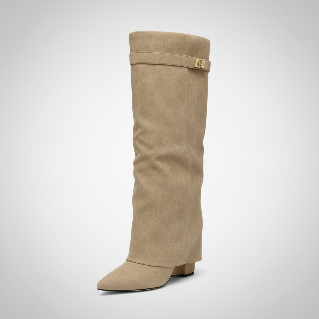 Beige knee-high boot on a light gray background