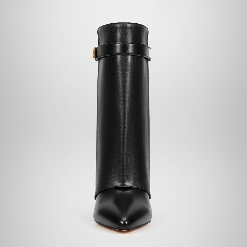 Black leather boot on a light gray background