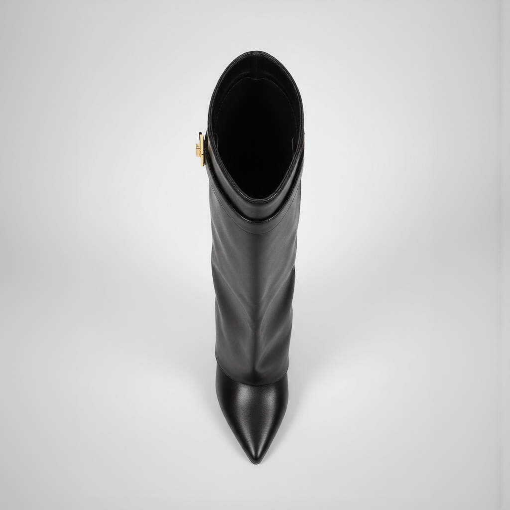 Black knee-high boot with a pointed toe on a light gray background