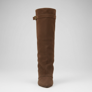 Brown knee-high boot on a white background
