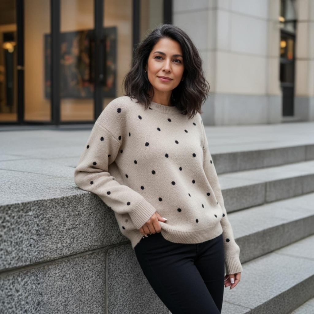 Woman wearing a beige sweater with black polka dots standing on steps outside a building.