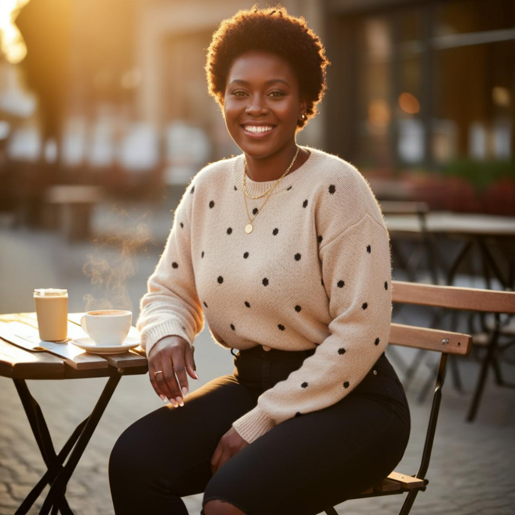 Woman sitting outdoors at a table with a cup of coffee, wearing a polka dot sweater.