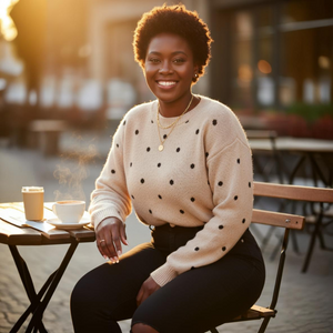 Woman sitting outdoors at a table with a cup of coffee, wearing a polka dot sweater.