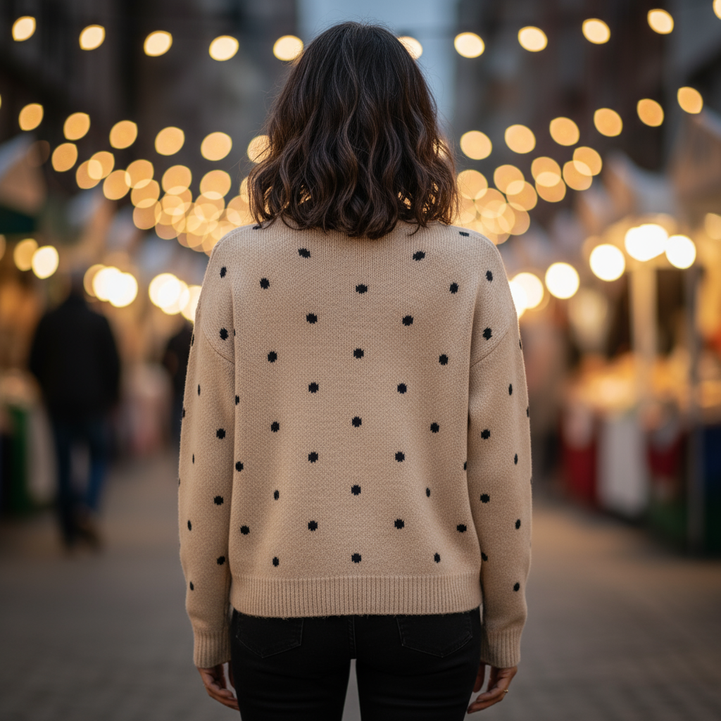 Person wearing a beige sweater with black polka dots in an outdoor setting with blurred lights