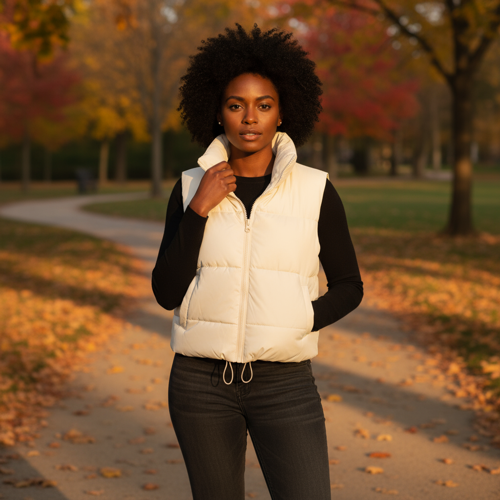 Woman wearing a white puffer vest in an autumn park