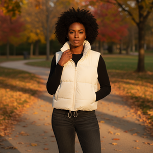 Woman wearing a white puffer vest in an autumn park