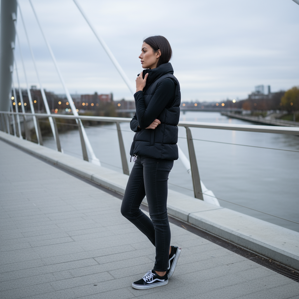 Woman in black puffer jacket and jeans standing on a bridge over a river.
