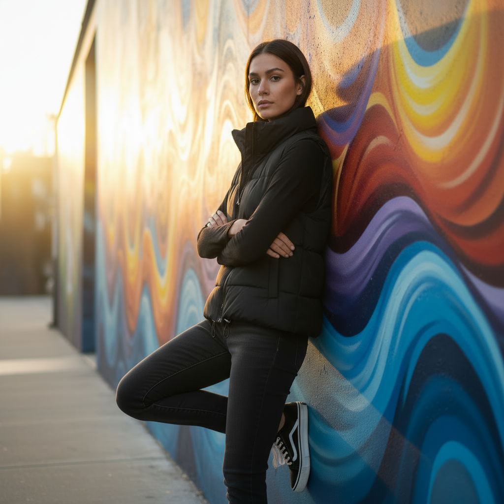 Woman in a black puffer vest leaning on a colorful wall