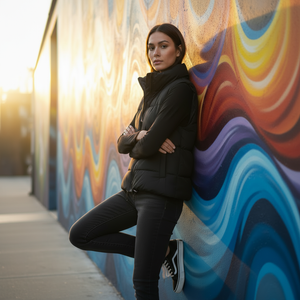 Woman in a black puffer vest leaning on a colorful wall