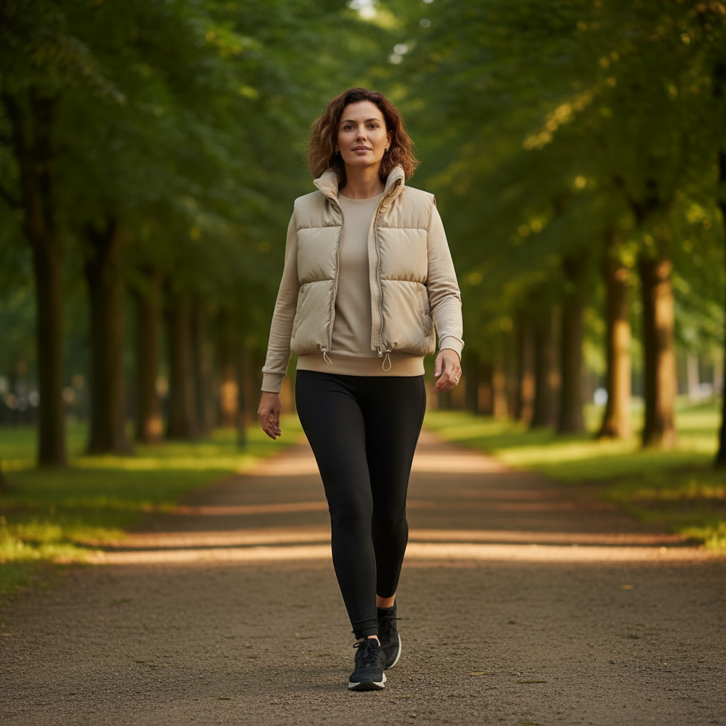 Woman walking on a path in a park wearing a beige puffer vest and black leggings.