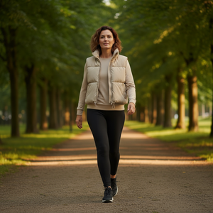 Woman walking on a path in a park wearing a beige puffer vest and black leggings.