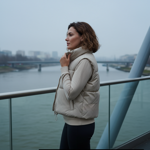 Woman in a beige puffer vest standing by a waterfront with a cityscape in the background