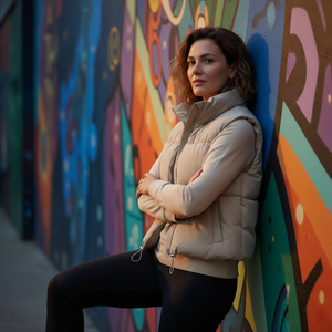 Woman leaning against a colorful mural