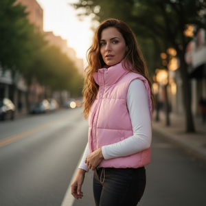 Woman wearing a pink puffer vest on a city street